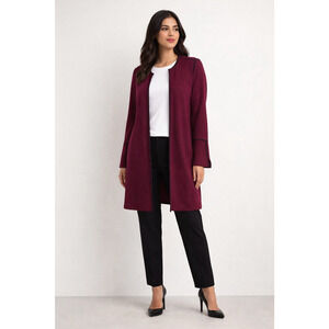 Chicos Reversible Red Cranberry Long Cardigan Size 2 L Open Front Cotton Duster